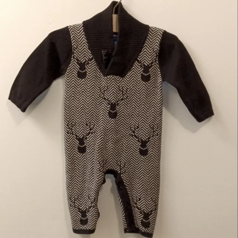 Andy&Evan Baby One-Piece Sweater Union Suit Herringbone w/ Deer Intarsia 3-6 mos